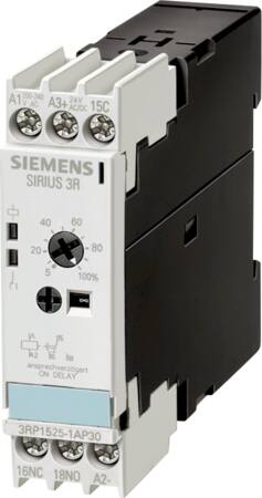Siemens  3RP1525 tijd relais, vertraagd opkomend, 1C, 15 tijd ranges (1,3,10,30,100) ( sec, min, uur) AC 24,200...240V en 24VDC, LED